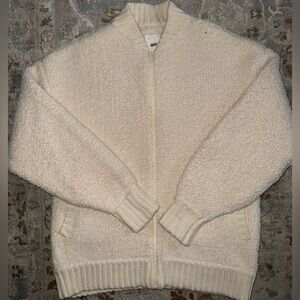Aerie Cream Zip-Front Bouclé Cardigan Sweater Small